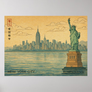 日本浮世絵スタイルのニューヨーク市スカイライン ポスター