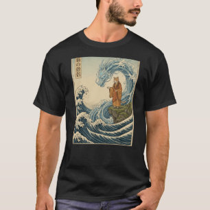 日本浮世絵猫の僧侶が水龍を鎮める Tシャツ