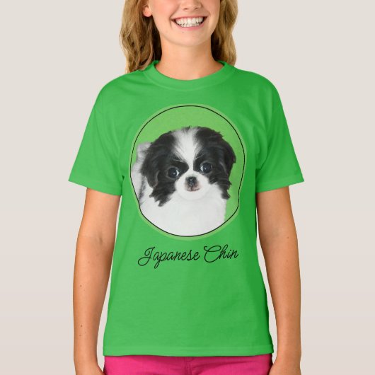 日本狆の子犬の絵 - オリジナル犬アート Tシャツ (正面)