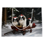 日本狆の雪のそり クリスマスの飾り付け ラージペーパーバッグ (正面)