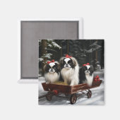 日本狆の雪景色そり クリスマス装飾 マグネット (正面/裏面)