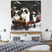 日本狆の雪景色のそり クリスマスの飾り付け キャンバスプリント (インサイチュ (寝室))