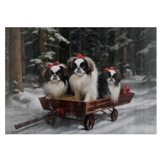 日本狆の雪景色のソリ クリスマスの飾り カッティングボード (正面)