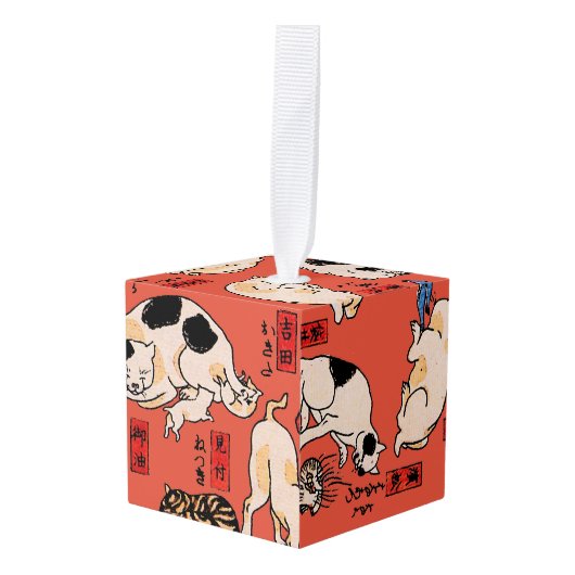 日本猫浮世絵おもしろい子猫 キューブオーナメント (正面アングル)