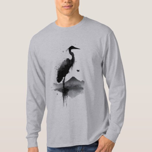 日本画 墨絵 鶴 禅 長袖 Tシャツ (正面)