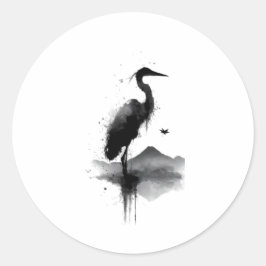 日本画 墨絵 鶴 Zen ステッカー ラウンドシール