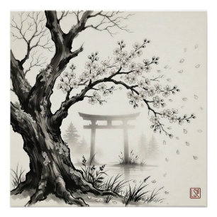 日本画 水墨画 桜と鳥居 ポスター