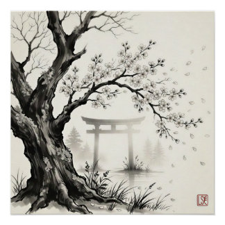 日本画 水墨画 桜と鳥居 ポスター