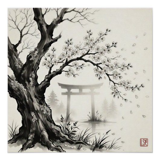 日本画 水墨画 桜と鳥居 ポスター (正面)