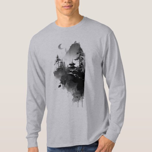 日本画 水墨画 禅 パゴダ風景 長袖 Tシャツ (正面)