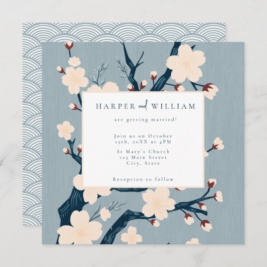 日本花ブルーとピンク結婚式招待状 (正面/裏面)