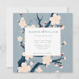 日本花ブルーとピンク結婚式招待状