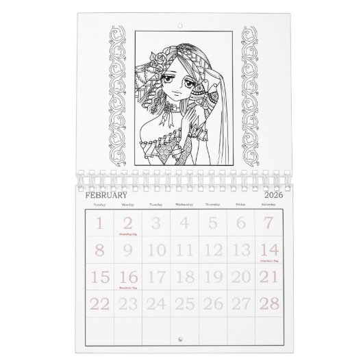 日本製アニメの落書きの(占星術の)十二宮図の着色のカレンダー カレンダー (2月 2026)