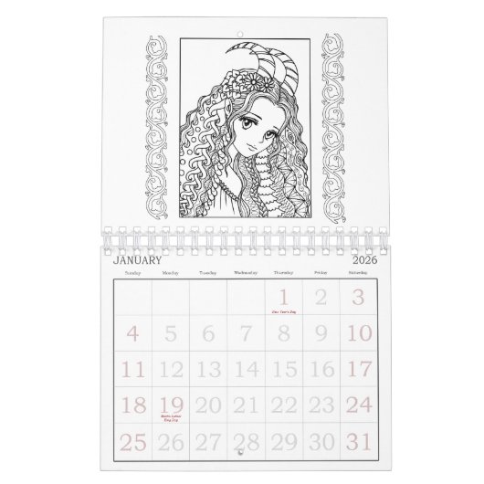 日本製アニメの落書きの(占星術の)十二宮図の着色のカレンダー カレンダー (1月 2026)