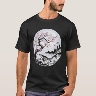 日本語のモササウルス 桜の墨絵アート Tシャツ