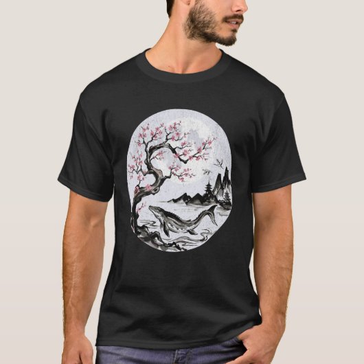 日本語のモササウルス 桜の墨絵アート Tシャツ (正面)