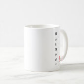 日本語の漢字と英語の"HARMONY" 赤い印鑑ハンコ コーヒーマグカップ (正面右)