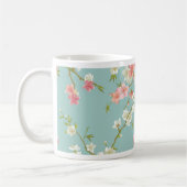 日本語、桜、ティール(緑がかった色)、白、ピンク、花柄、おもしろい コーヒーマグカップ (左)