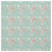 日本語、桜、ティール(緑がかった色)、白、ピンク、花柄、おもしろい ファブリック (見本)