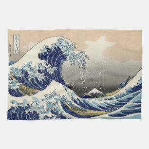 日本語Woodblock: 神奈川を離れた大きい波 キッチンタオル