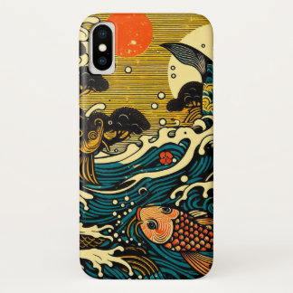 日本風の木版画 二匹の鯉の松の木と太陽の芸術 iPhone X ケース