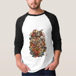 日本風スカルアート | ゴシック風の花とドクロ Tシャツ
