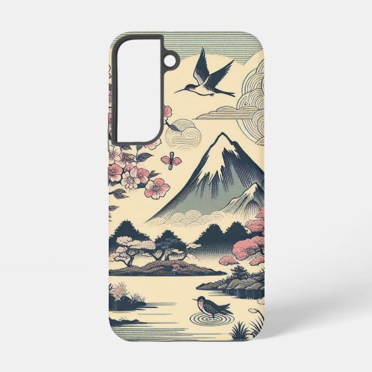 日本風浮世絵の桜と鶴、富士山 SAMSUNG GALAXYケース (裏面)