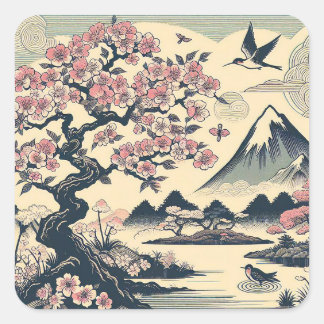 日本風浮世絵 桜 クレーン 富士山 スクエアシール