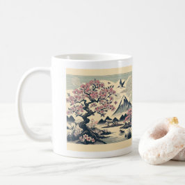 日本風浮世絵 桜 鶴 富士山 コーヒーマグカップ