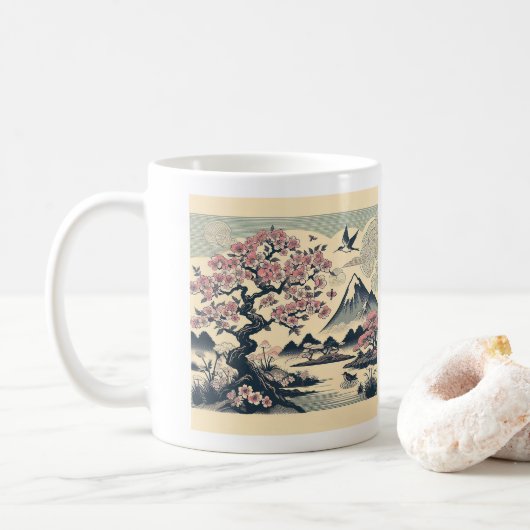 日本風浮世絵 桜 鶴 富士山 コーヒーマグカップ (ドーナツ)