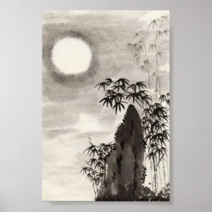 日本 夜 月 風景 水墨画 ポスター
