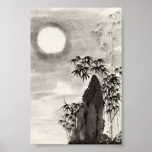 日本 夜 月 風景 水墨画 ポスター (正面)