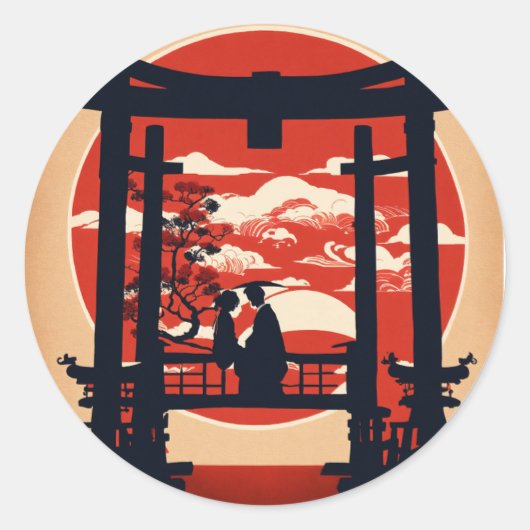 日本+鳥居+ゲート+&+赤い+日没+シルエット+—+ローマ ラウンドシール (正面)
