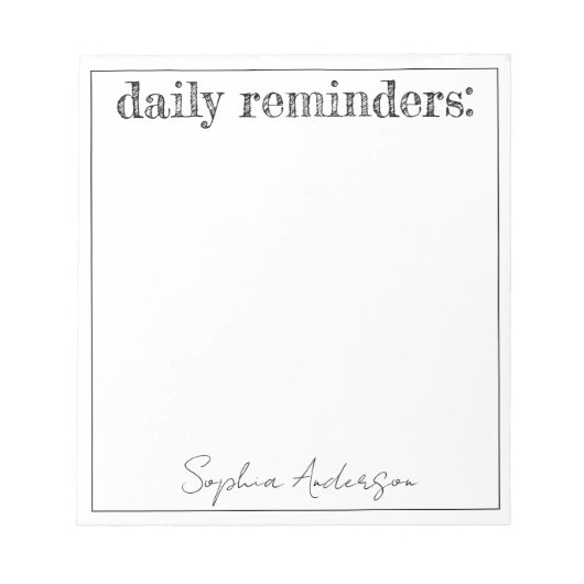 日次リマインダーシンプル白黒パーソナライズされた ノートパッド (正面)