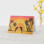 日没およびイルカのパステル調のスケッチに油をさして下さい カード (黄色い花)