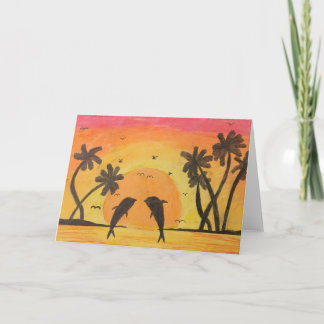 日没およびイルカのパステル調のスケッチに油をさして下さい カード