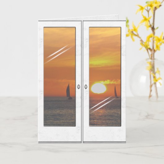 日没と帆船 カード (黄色い花)