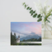 日没にアルプス山脈のある教会 ポストカード (スタンド正面)