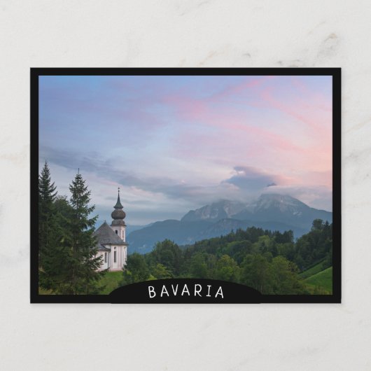 日没にアルプス山脈のある教会 ポストカード (正面)