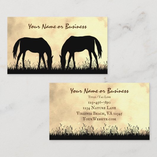 日没にフィールドで放牧するシルエットウマ 名刺 (正面/裏面)
