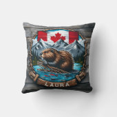 日没に国旗と山を持つカナディアン・ビーバー クッション (裏面)