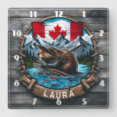 日没に国旗と山を持つカナディアン・ビーバー スクエア壁時計 (正面)