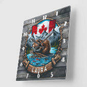 日没に国旗と山を持つカナディアン・ビーバー スクエア壁時計 (傾斜)