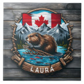 日没に国旗と山を持つカナディアン・ビーバー タイル (正面)