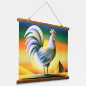 日没に対する様式化された鮮やか雄鶏 吊り下げ型タペストリー (傾斜あり)