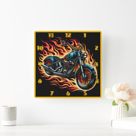 日没に炎を上げる炎の燃えるオートバイ スクエア壁時計 (ホーム)