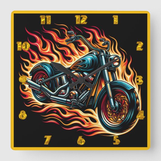 日没に炎を上げる炎の燃えるオートバイ スクエア壁時計 (正面)