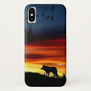 日没のオオカミと鳥と木の黒いシルエット iPhone X ケース
