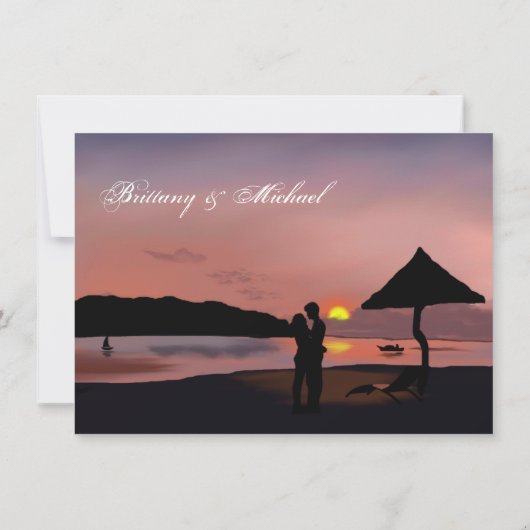 日没のカップルのsilhouette湖の結婚式招待状 招待状 (裏面)