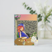 日没のカフェでの犬と女性のポストカード ポストカード (スタンド正面)